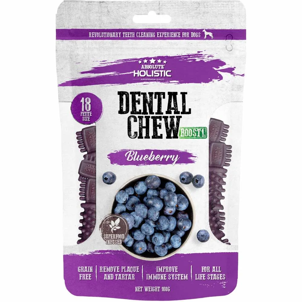 2 FOR $12.80: Absolute Holistic Boost Blueberry Petite Grain-Free Dental Dog Chews 160g