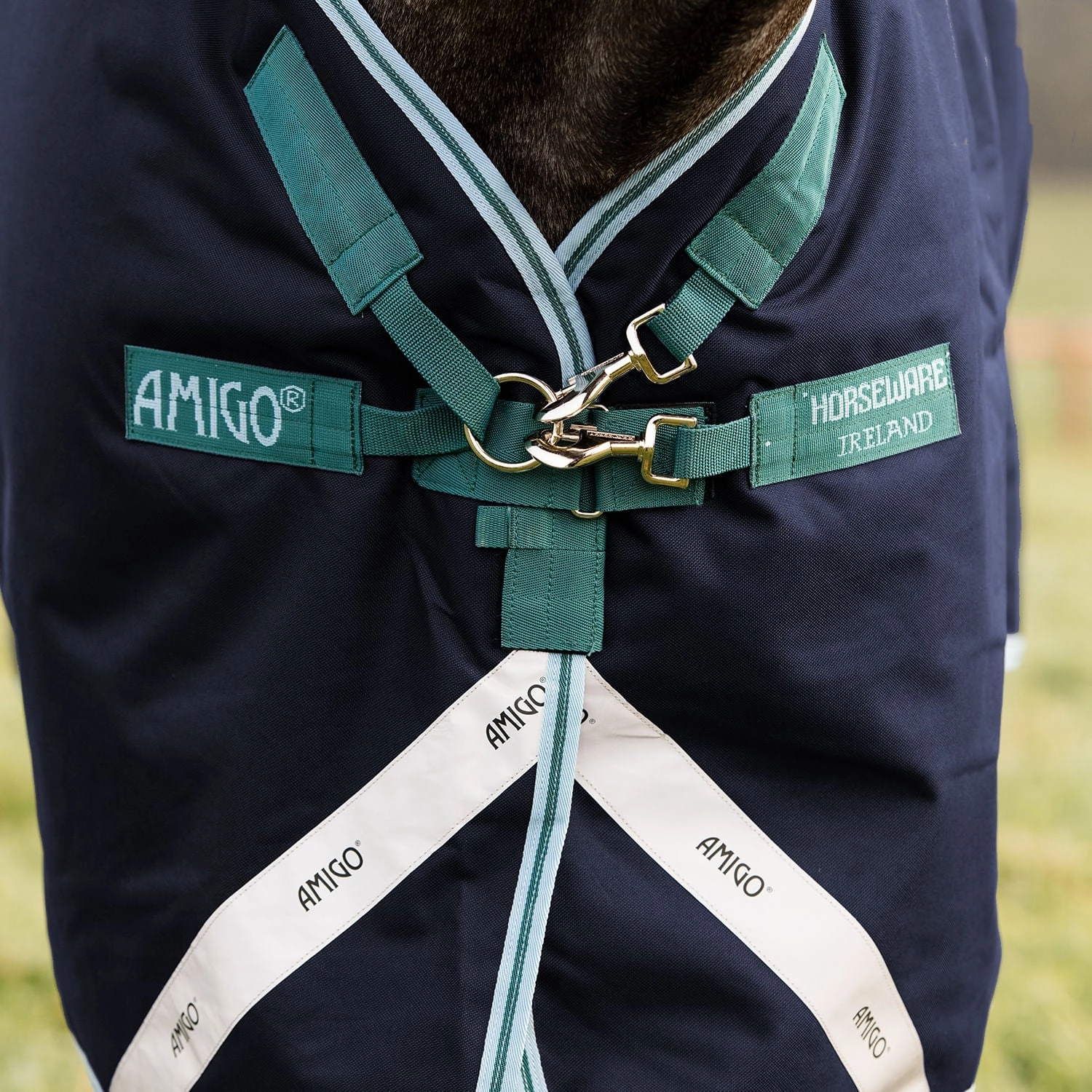 Amigo Bravo 12 Plus Horse Turnout Blanket with 250 gram fill, Navy/Aqua