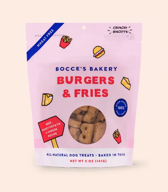Bocces Limited Edition Crunchy Dog Treats - Burgers & Fries 5oz Bag