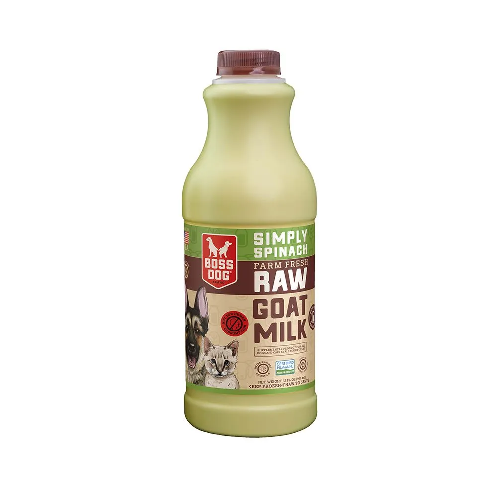 Boss Dog Frozen Farm Fresh Raw Goat Milk for Dogs & Cats - Simply Spinach 32oz Bottle