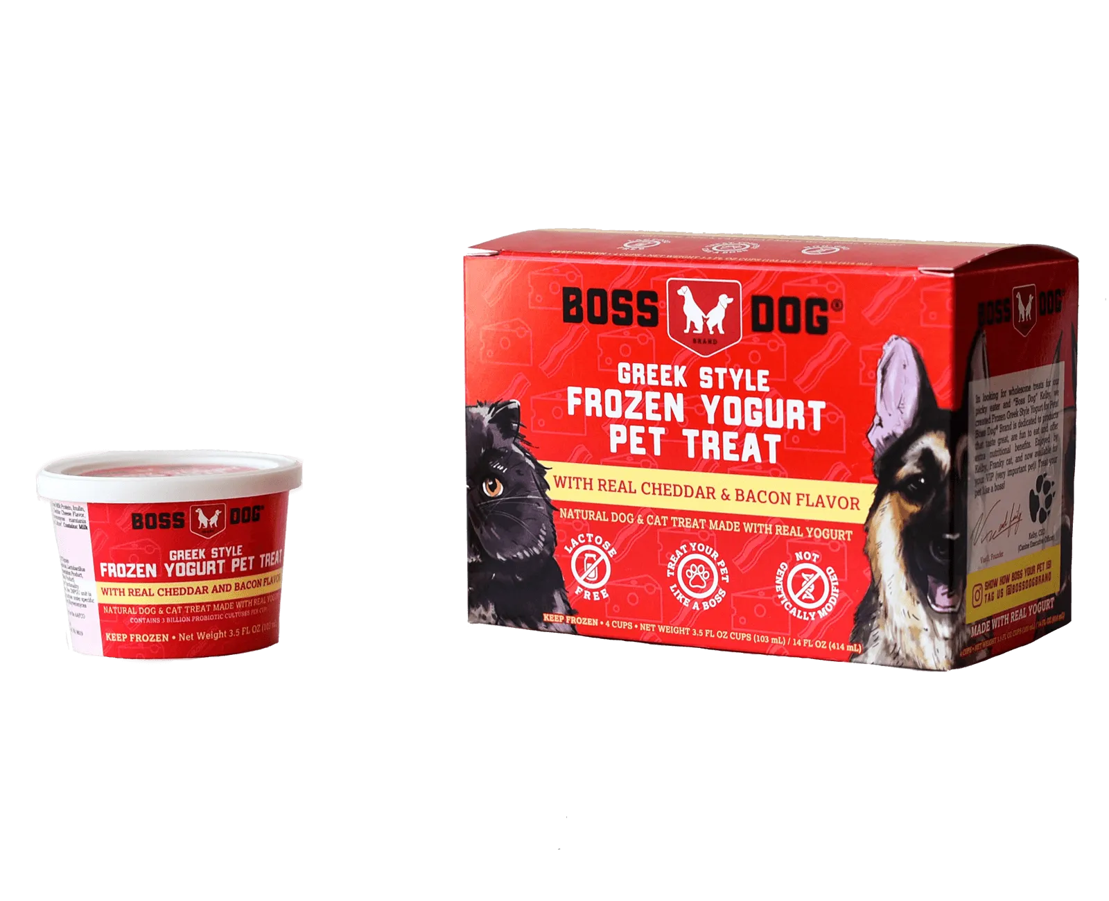 Boss Dog Greek Style Frozen Yogurt Pet Treat - Real Cheddar & Bacon Flavor 3.5oz Cups 4-Pack