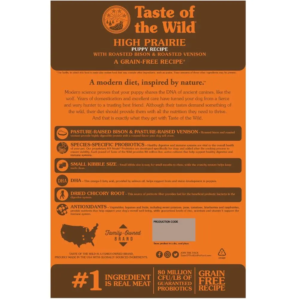 'BUNDLE DEAL/FREE TREAT': Taste Of The Wild High Prairie Puppy Bison & Venison Grain-Free Dry Dog Food