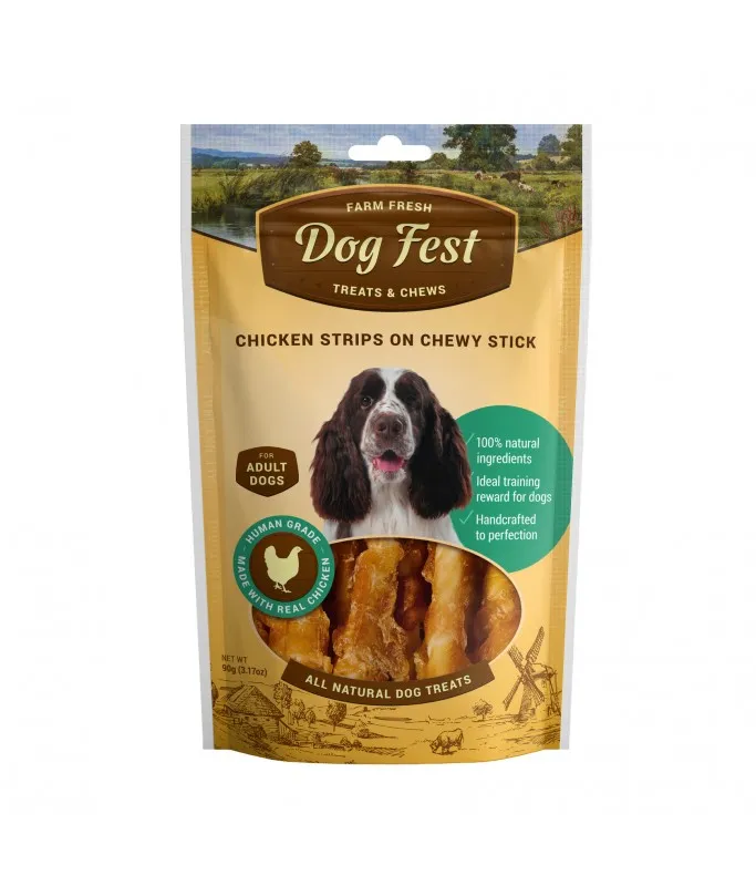 Dog Fest Dog Treats Chicken Strips on Chewy Sticks