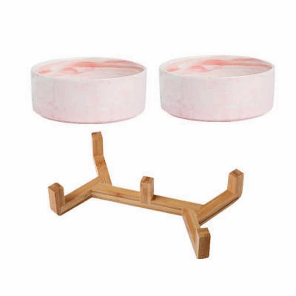 Double Marble Ceramic Bowls With Bamboo Stand