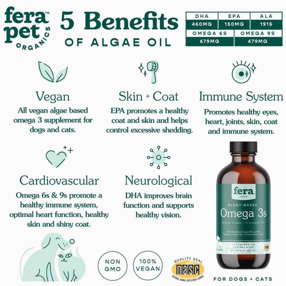 Fera Pets Plant-Based Omega 3s Algae   Flaxseed Oil Supplement For Cats & Dogs 8oz