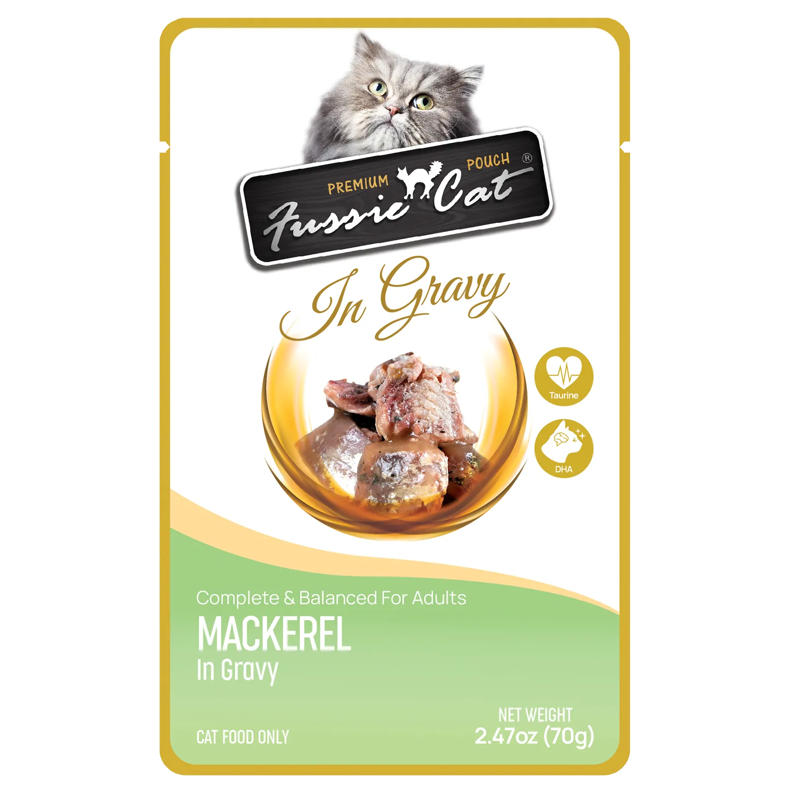 Fussie Cat Wet Cat Food Grain Free Premium Mackerel Formula in Gravy 2.47oz Pouch Single