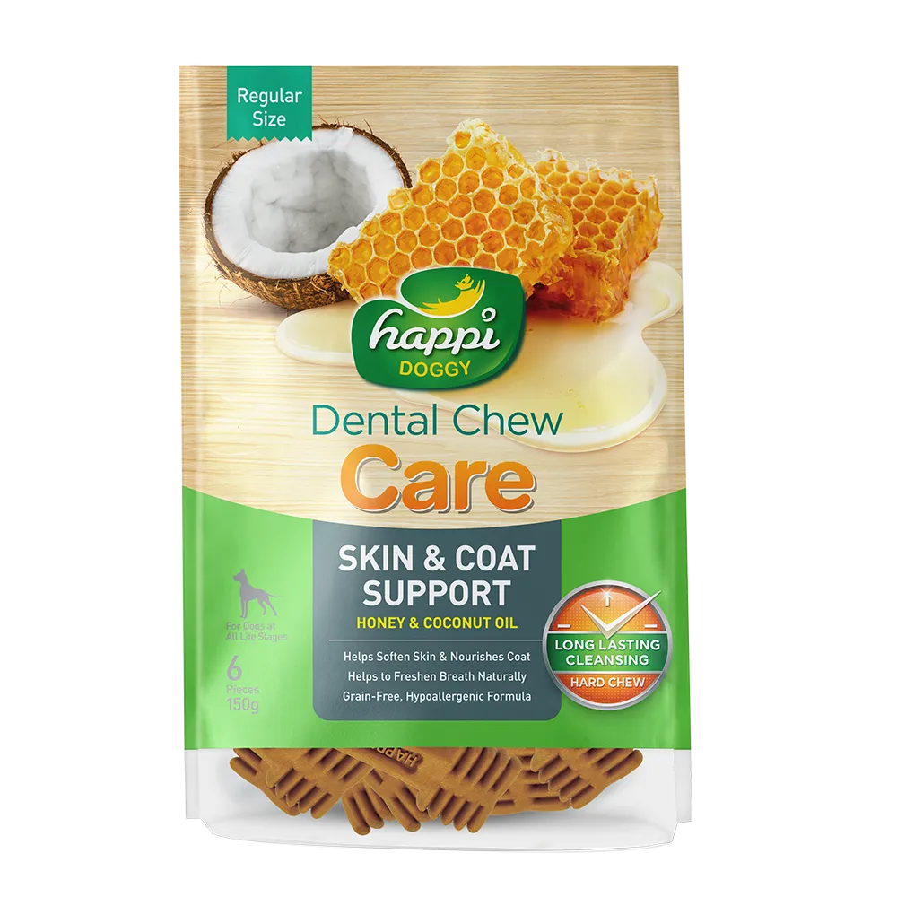 Happi Doggy Dental Chew Care Hard Chew Skin & Coat Support Honey & Coconut Oil Regular 150g