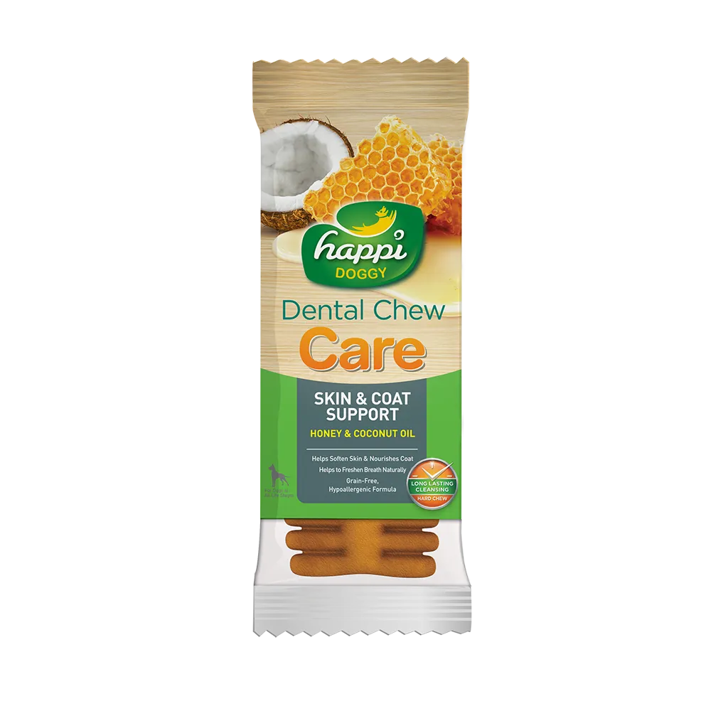 Happi Doggy Dental Chew Care Hard Chew Skin & Coat Support Honey & Coconut Oil Regular 25g