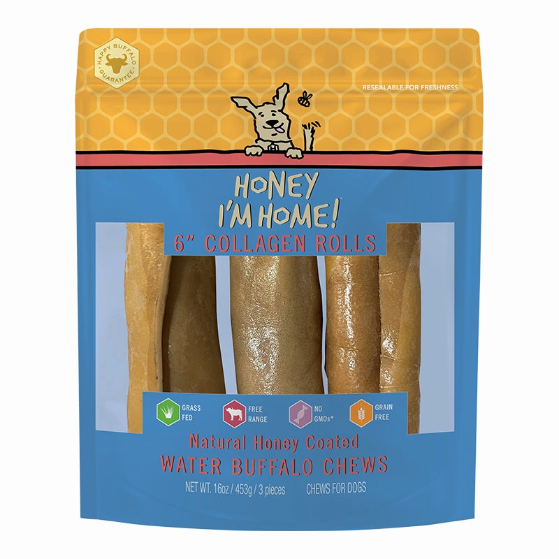 Honey I'm Home! Buffalo Collagen Roll Dog Chews 6" - 3-pack 16oz bag
