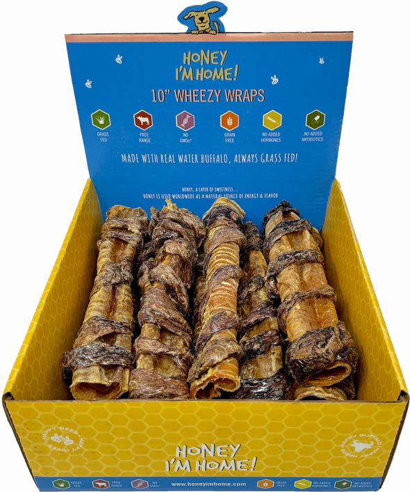 Honey I'm Home! Individual Wheezy Wraps - Buffalo Trachea Wrapped in Lung Dog Chew 10"