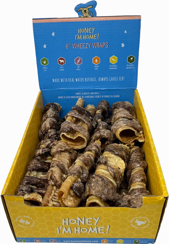 Honey I'm Home! Individual Wheezy Wraps - Buffalo Trachea Wrapped in Lung Dog Chew 6"
