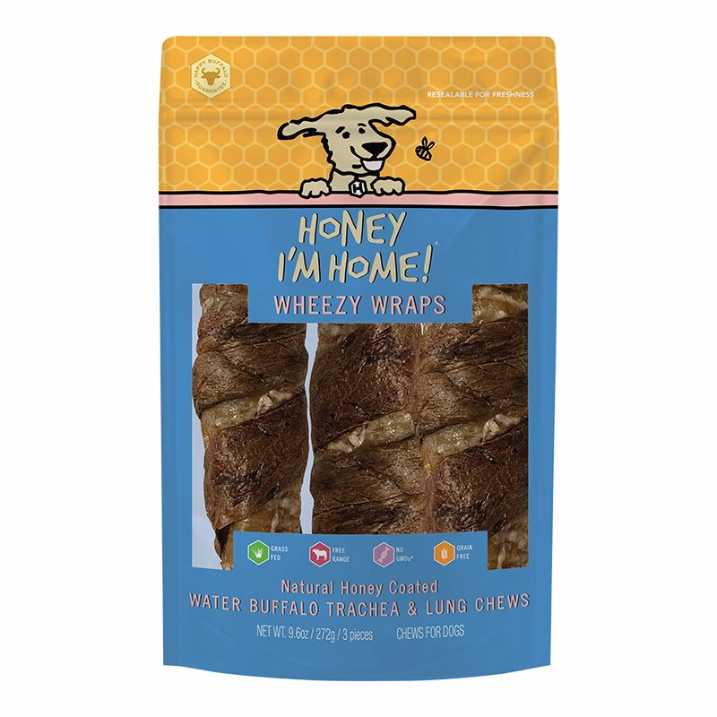 Honey I'm Home! Wheezy Wraps - Buffalo Trachea Wrapped in Lung Dog Chews 10" - 3-pack 9.6oz bag