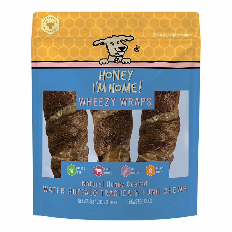 Honey I'm Home! Wheezy Wraps - Buffalo Trachea Wrapped in Lung Dog Chews 6" - 3-pack 8oz bag