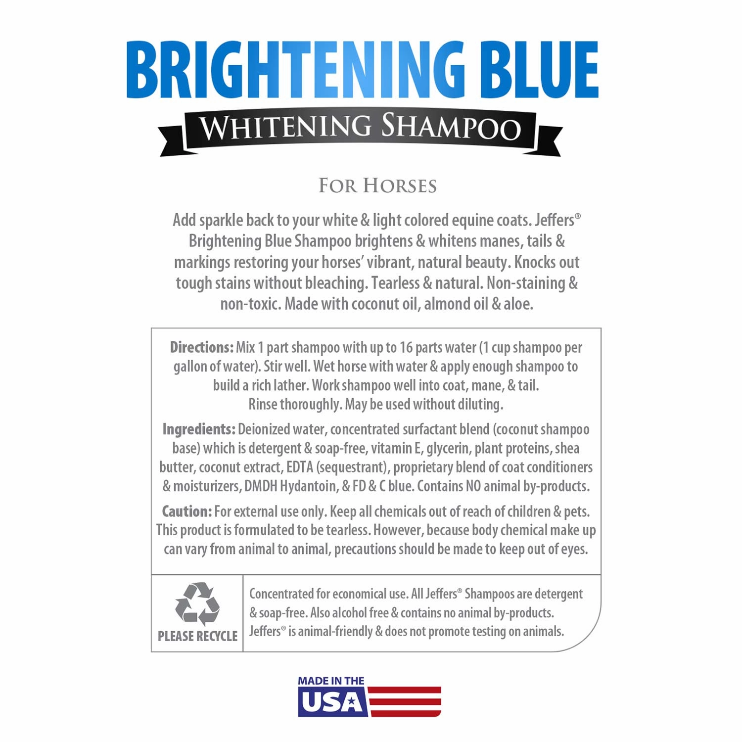 Jeffers Equine Brightening Blue Whitening Horse Shampoo