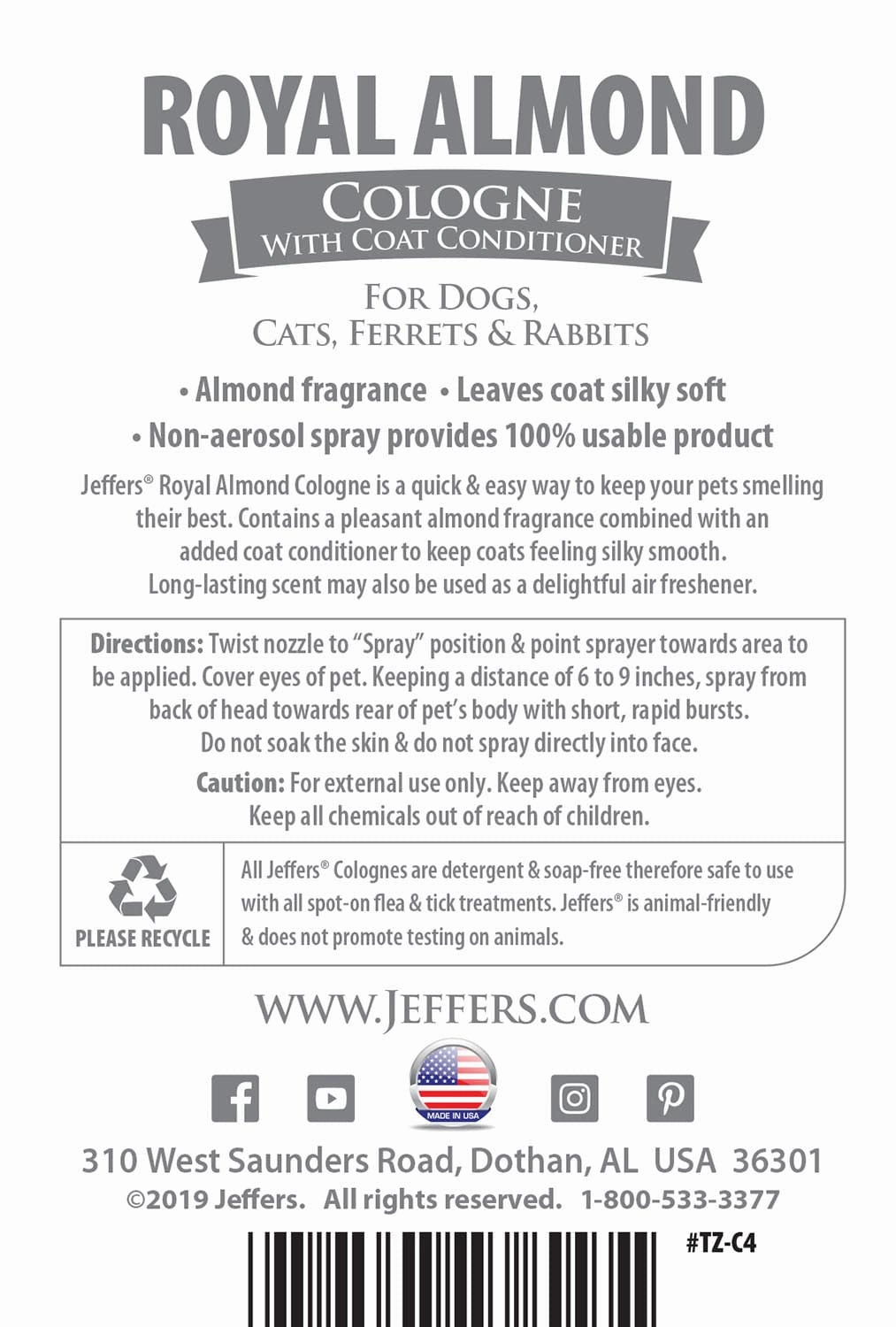 Jeffers Pet Colognes with Coat Conditioner, 16 oz Spray