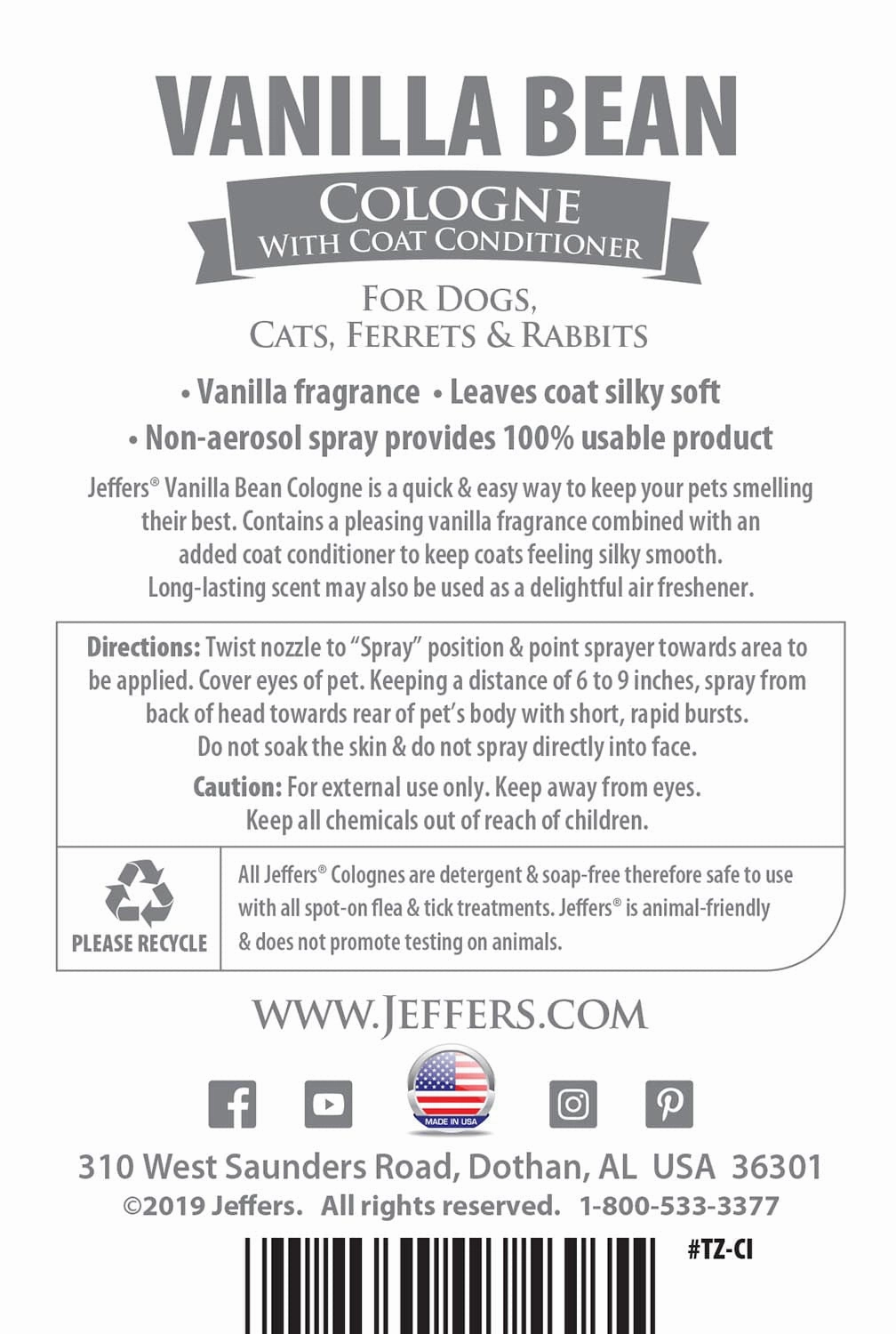 Jeffers Pet Colognes with Coat Conditioner, 16 oz Spray