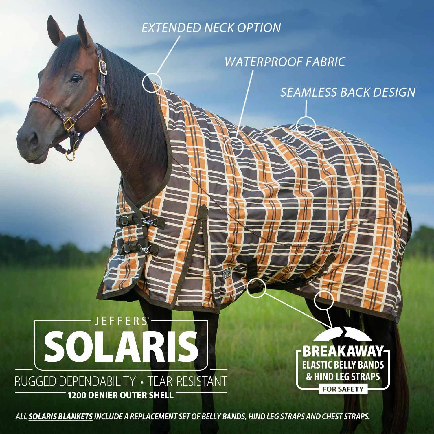 Jeffers Solaris Extended Neck Horse Turnout Blanket, 1200 Denier, Brown & Cream Plaid
