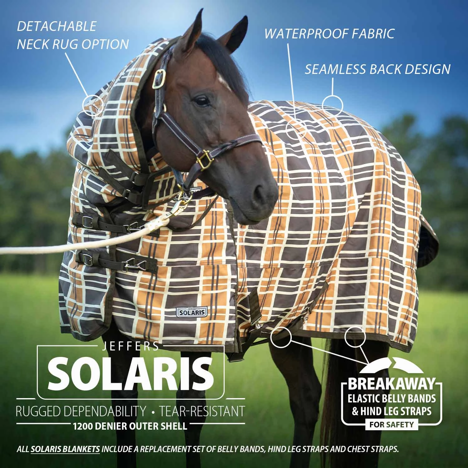 Jeffers Solaris Horse Turnout Blanket with Neck Rug, 1200D, Medium Weight 240g Fill, Brown & Cream Plaid