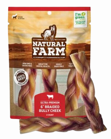 Natural Farm Braided Bully Cheek Sticks 6" 3-Pack Bag