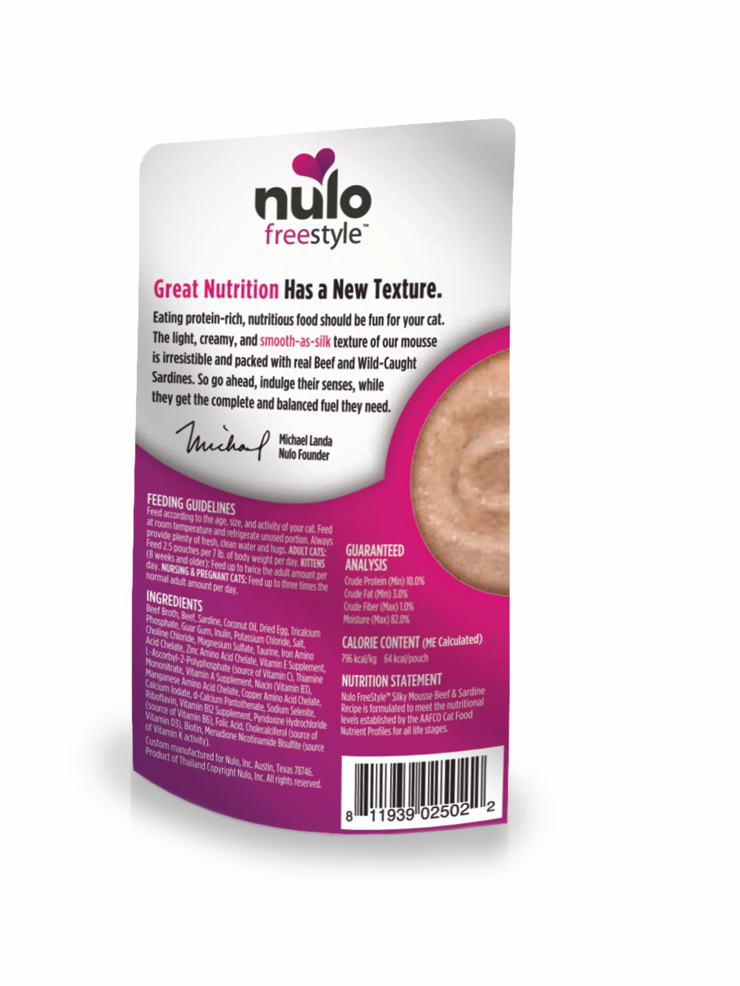 Nulo Wet Cat Food FreeStyle Silky Mousse Grain-Free Beef & Sardine Recipe 2.8oz Pouch Single