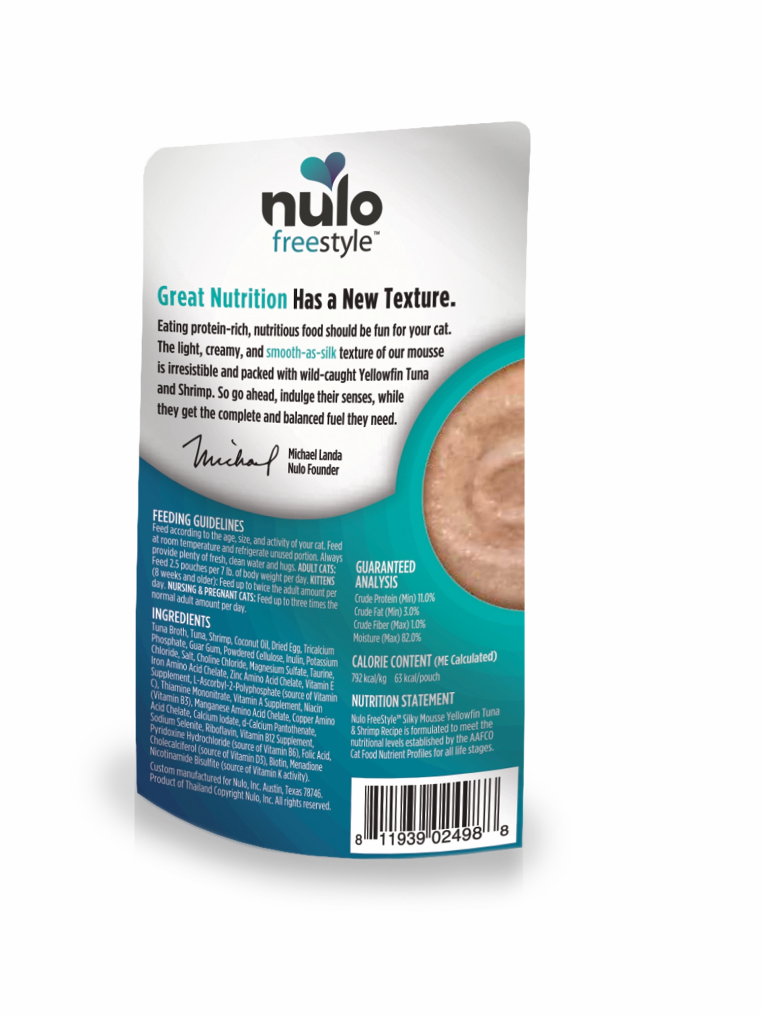 Nulo Wet Cat Food FreeStyle Silky Mousse Grain-Free Yellowfin Tuna & Shrimp Recipe 2.8oz Pouch Single