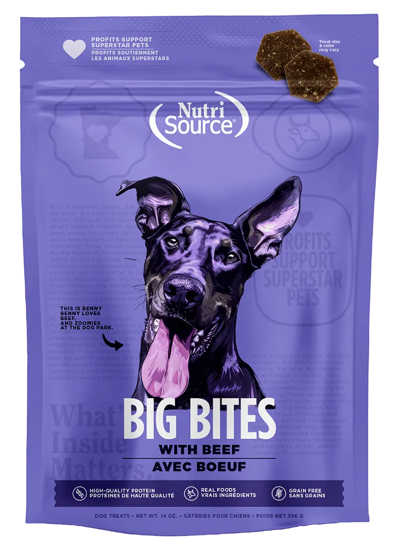 Nutrisource Big Bites Grain Free Beef Dog Treats 14oz Bag