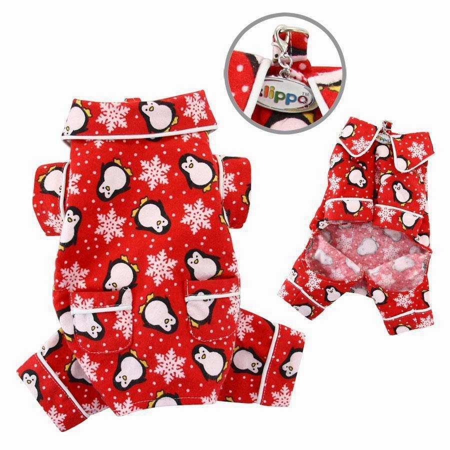 Penguins And Snowflakes Flannel Dog Pajamas Red