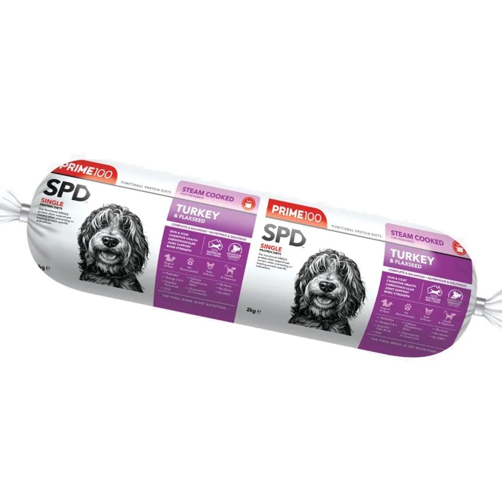 Prime100 SPD Turkey & Flaxseed Grain Free Cooked Chilled Roll Dog Food 2kg (Exp 9Aug25)