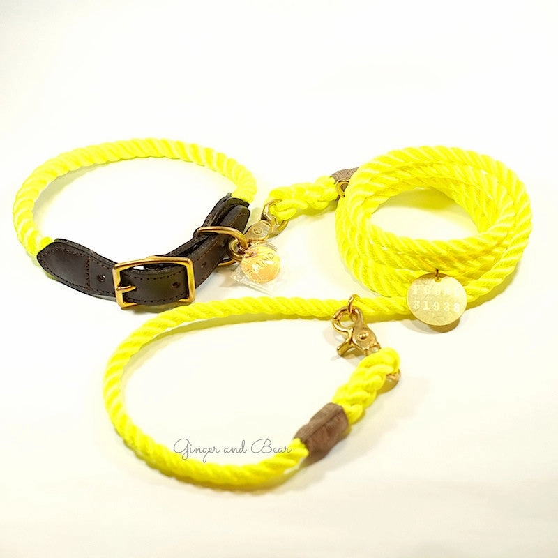 Rope and Leather Collar, Neon Yellow