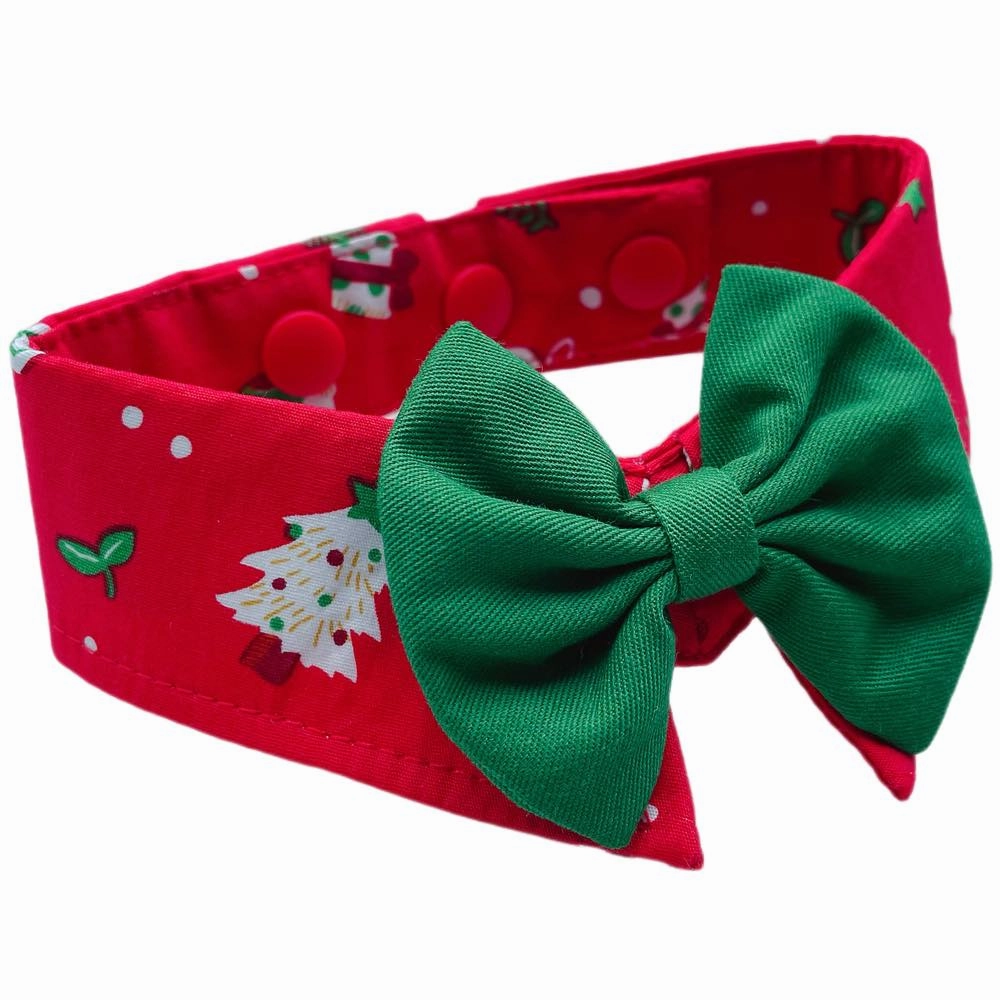 RuffCo Handcrafted Bowtie Button Collar For Cats & Dogs (Red Christmas)