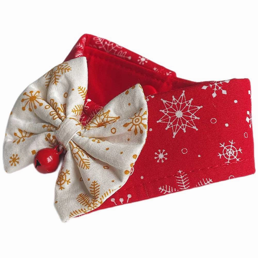 RuffCo Handcrafted Bowtie Button Collar For Cats & Dogs (Red Snowflake)
