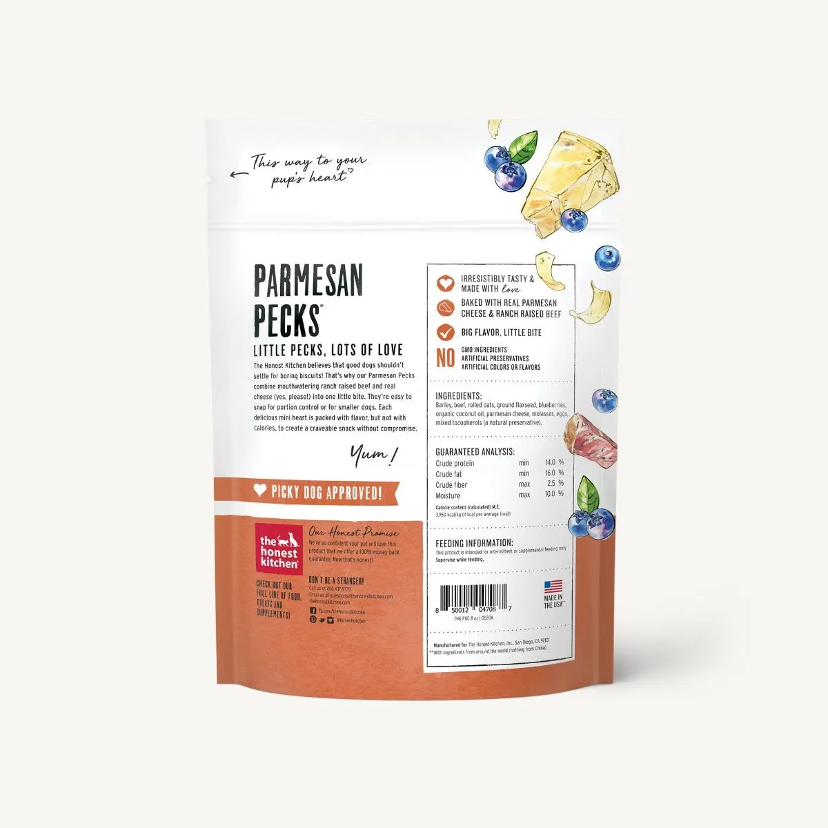 The Honest Kitchen Biscuit Dog Treats Parmesan Pecks Beef, Parmesan & Blueberry Recipe 8oz Bag