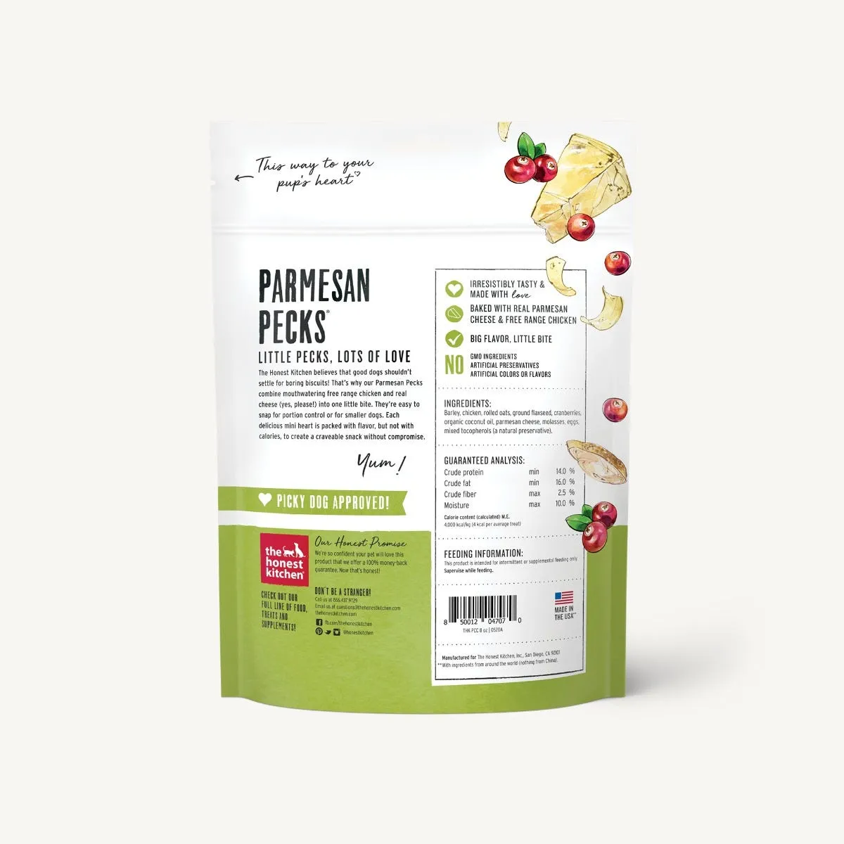 The Honest Kitchen Biscuit Dog Treats Parmesan Pecks Chicken, Parmesan & Cranberry Recipe 8oz Bag