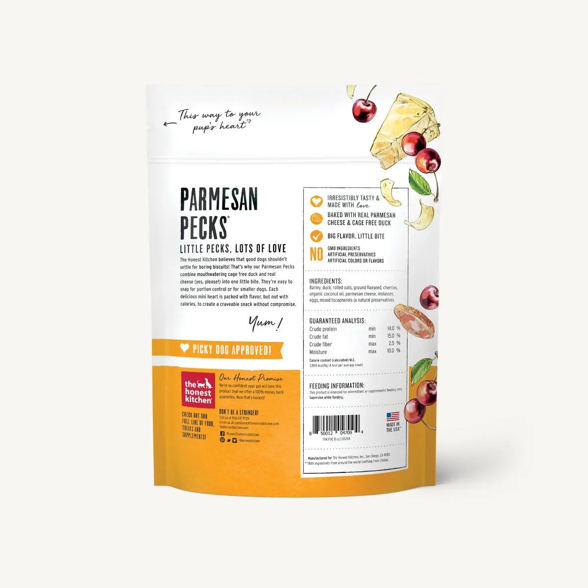 The Honest Kitchen Biscuit Dog Treats Parmesan Pecks Duck, Parmesan & Cherry Recipe 8oz Bag