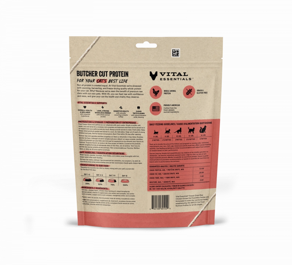 Vital Essentials Grain Free Chicken Dinner Patties Freeze Dried Raw Food for Cats