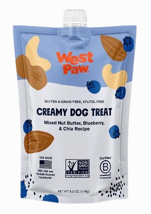 West Paw Creamy Dog Treat Mixed Nut Butter, Blueberry & Chia 6.2oz pouch