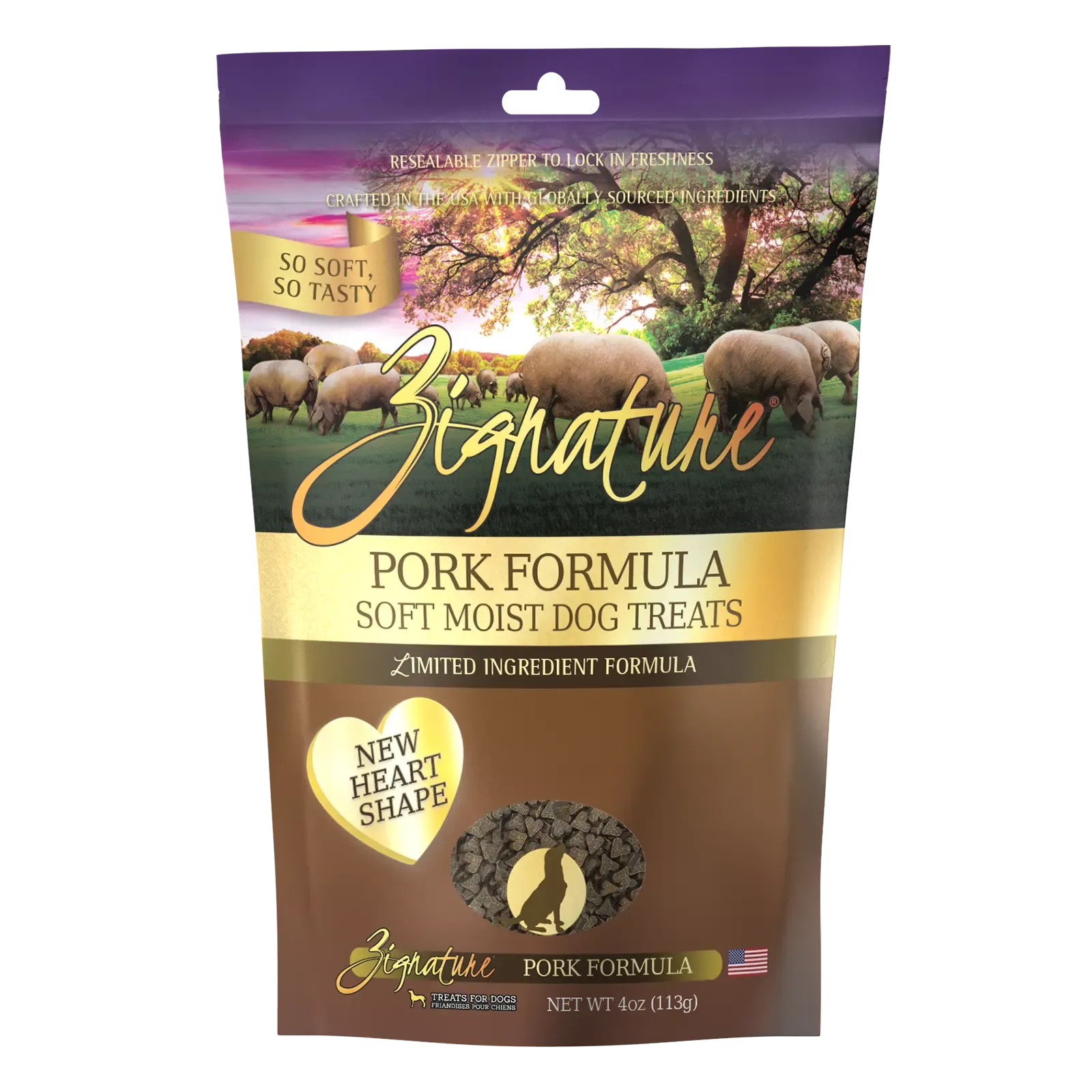 Zignature Dog Treats Grain-Free Soft Moist Pork Formula 4oz Bag (New Heart Shape)