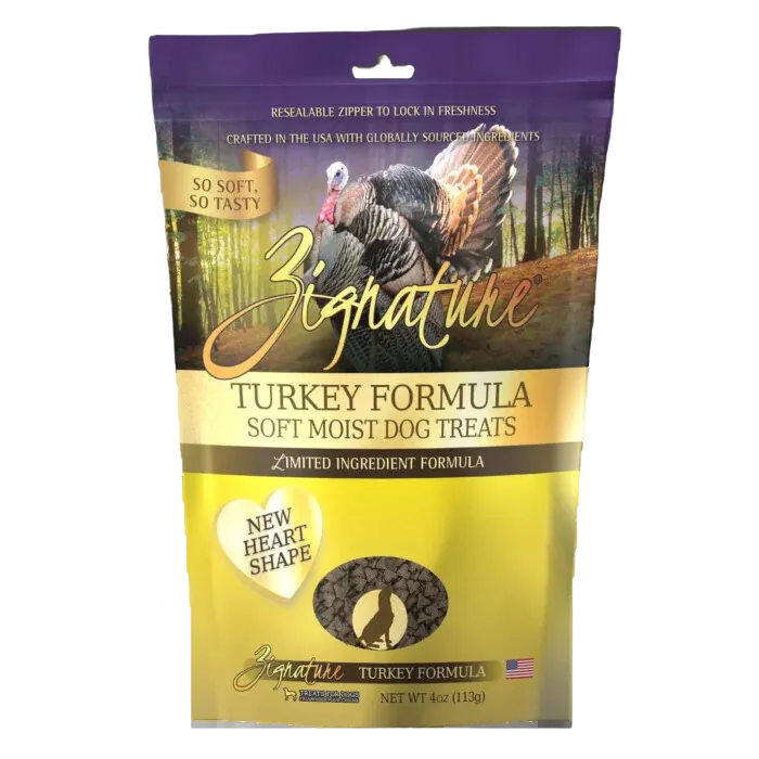 Zignature Dog Treats Grain-Free Soft Moist Turkey Formula 4oz Bag (New Heart Shape)