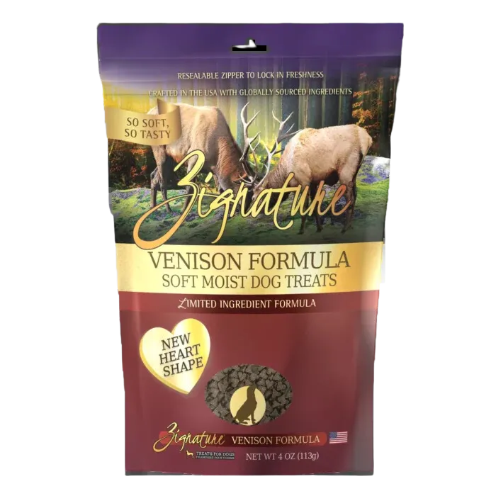 Zignature Dog Treats Grain-Free Soft Moist Venison Formula 4oz Bag (New Heart Shape)