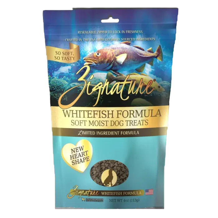 Zignature Dog Treats Grain-Free Soft Moist Whitefish Formula 4oz Bag (New Heart Shape)
